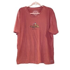 Life is Good L Mens T-Shirt Red Happy Hour Dog Camping Graphic Tee Peru Coffee